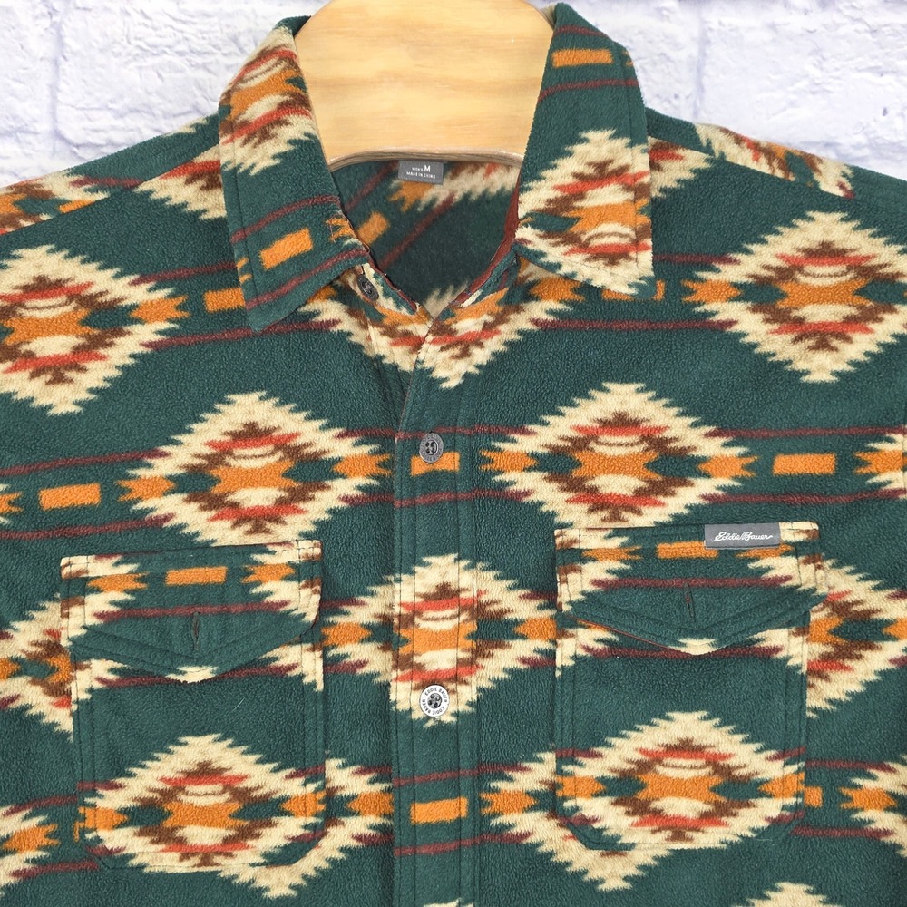 Eddie Bauer Mens Green Southwestern Geometric‎ Fleece Button Shirt Jacket Medium